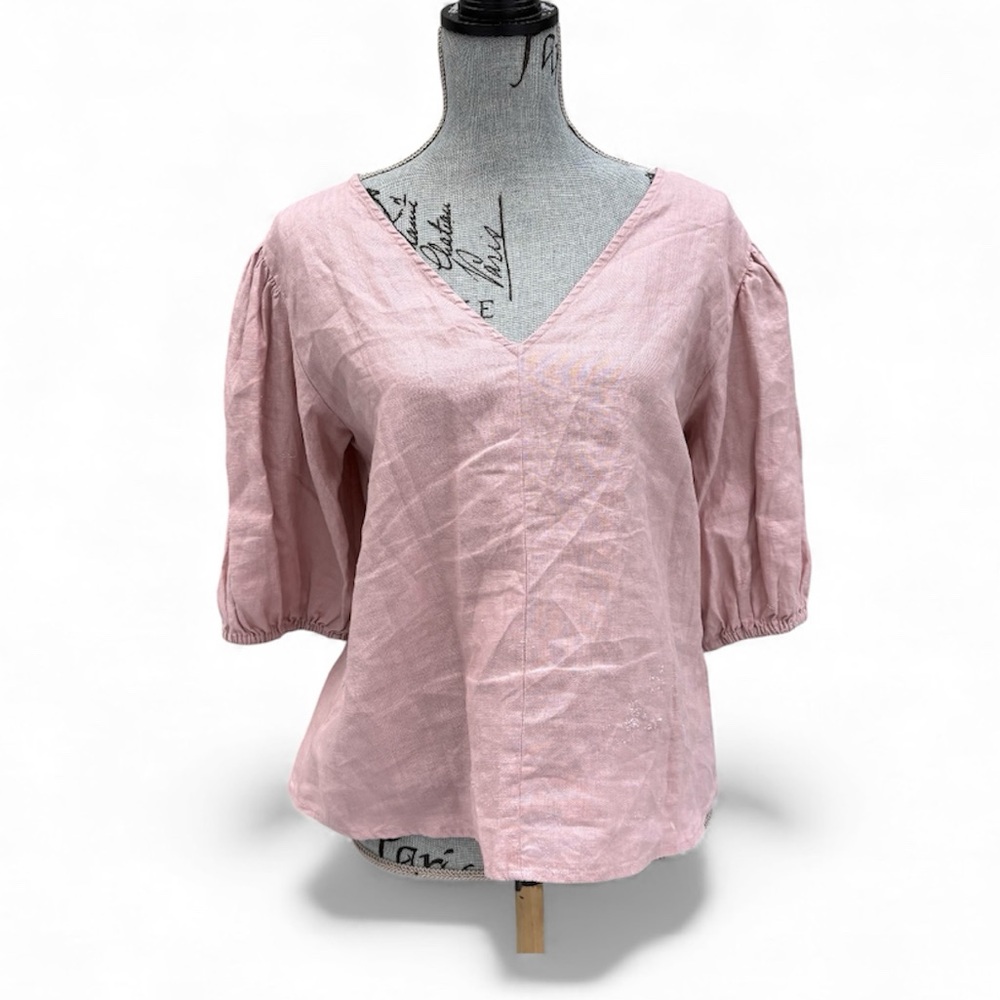 Neiman Marcus Linen Blush Pink Coastal Spring Summer T-Shirt Top Short Sleeve